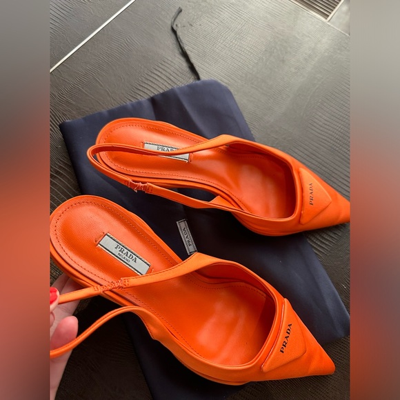 Prada Orange Logo-detailed Nylon Slingback Pumps Size US 8.5 EUR 39 Pre-Owned - Picture 6 of 16